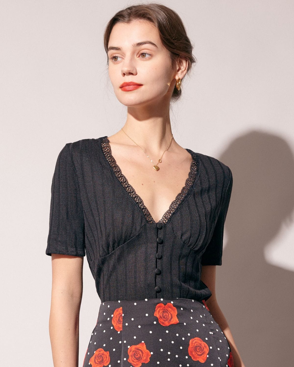 Ribbed Tee with Lace Trim
