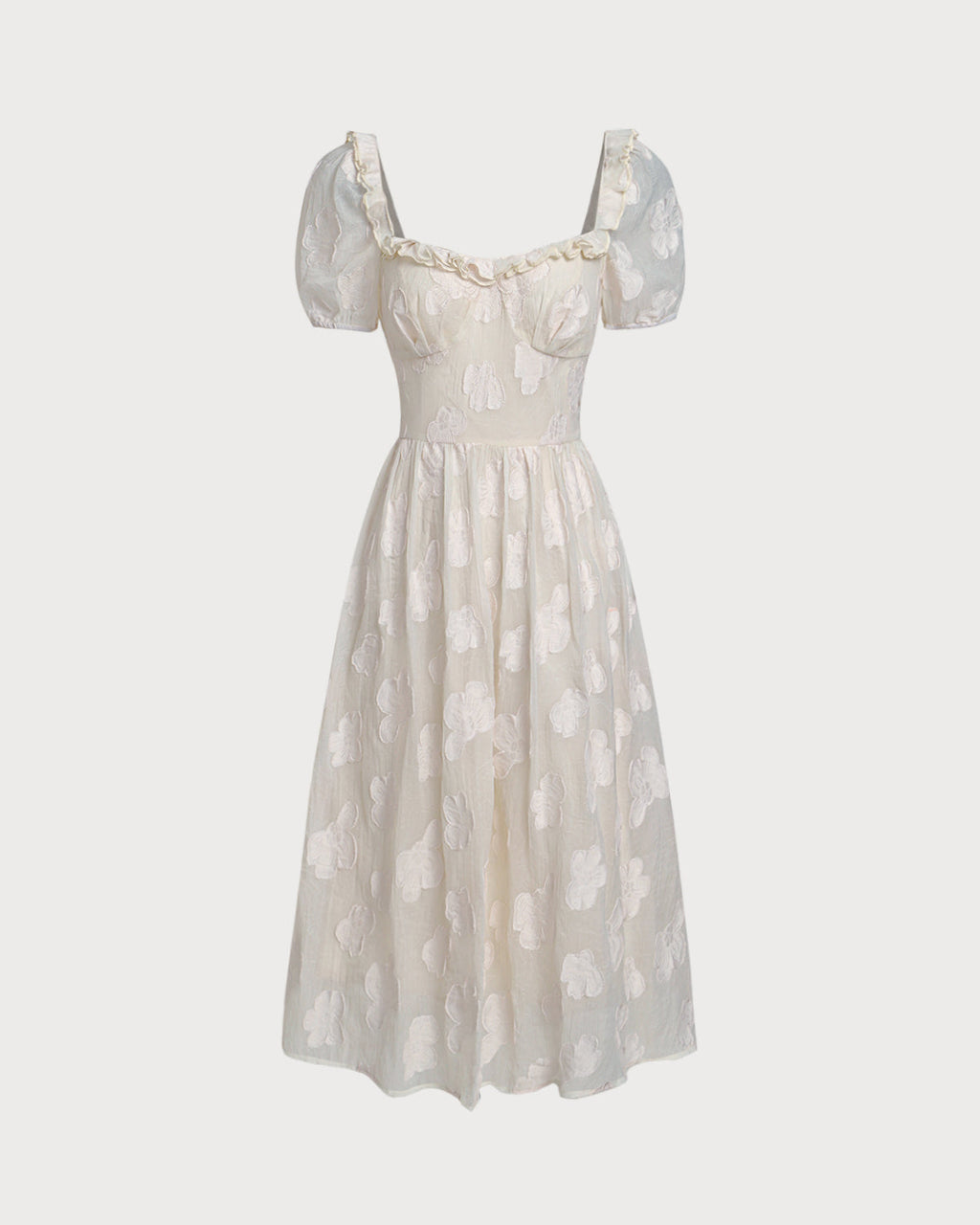 Beige Midi Dress with Square Neck and Puffed Sleeves