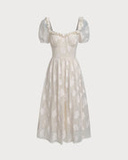 Beige Midi Dress with Square Neck and Puffed Sleeves
