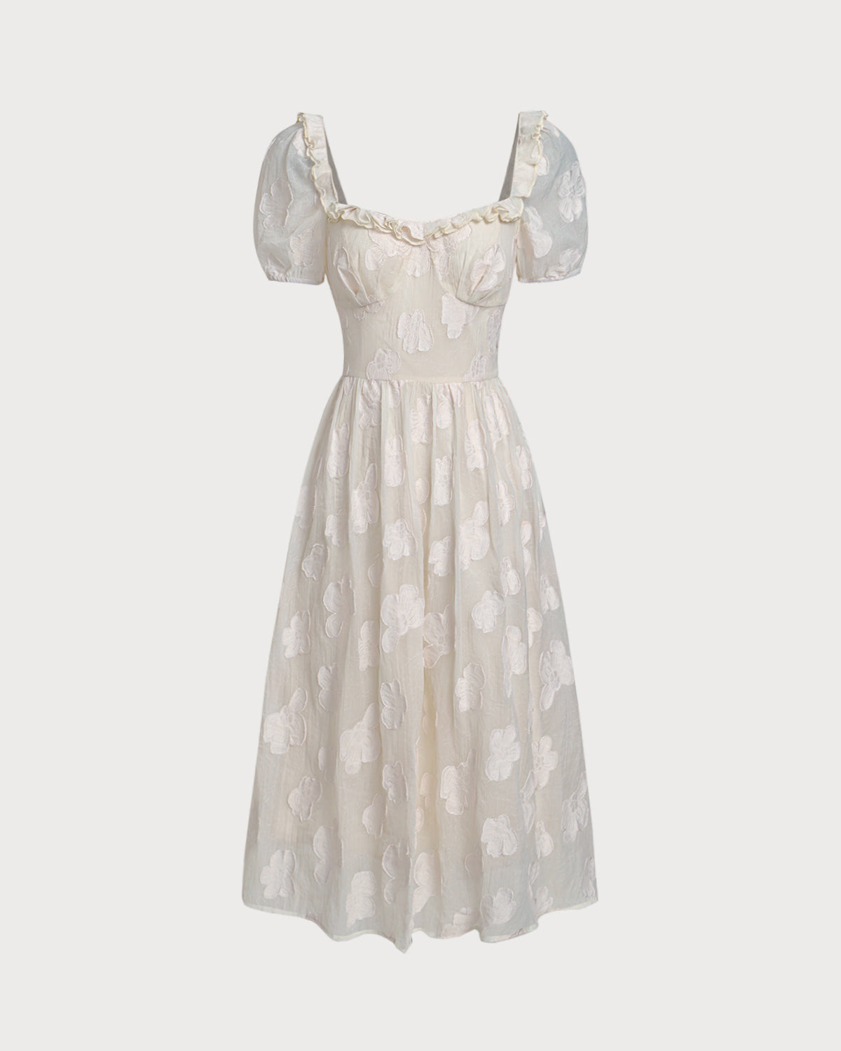 Beige Midi Dress with Square Neck and Puffed Sleeves