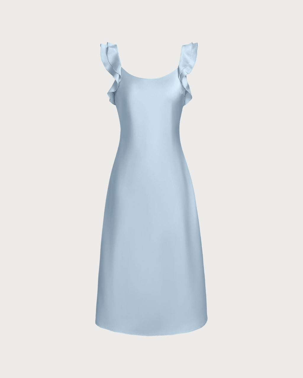 Blue Satin Midi Dress with Square Neck and Ruffle Details