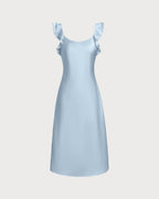 Blue Satin Midi Dress with Square Neck and Ruffle Details