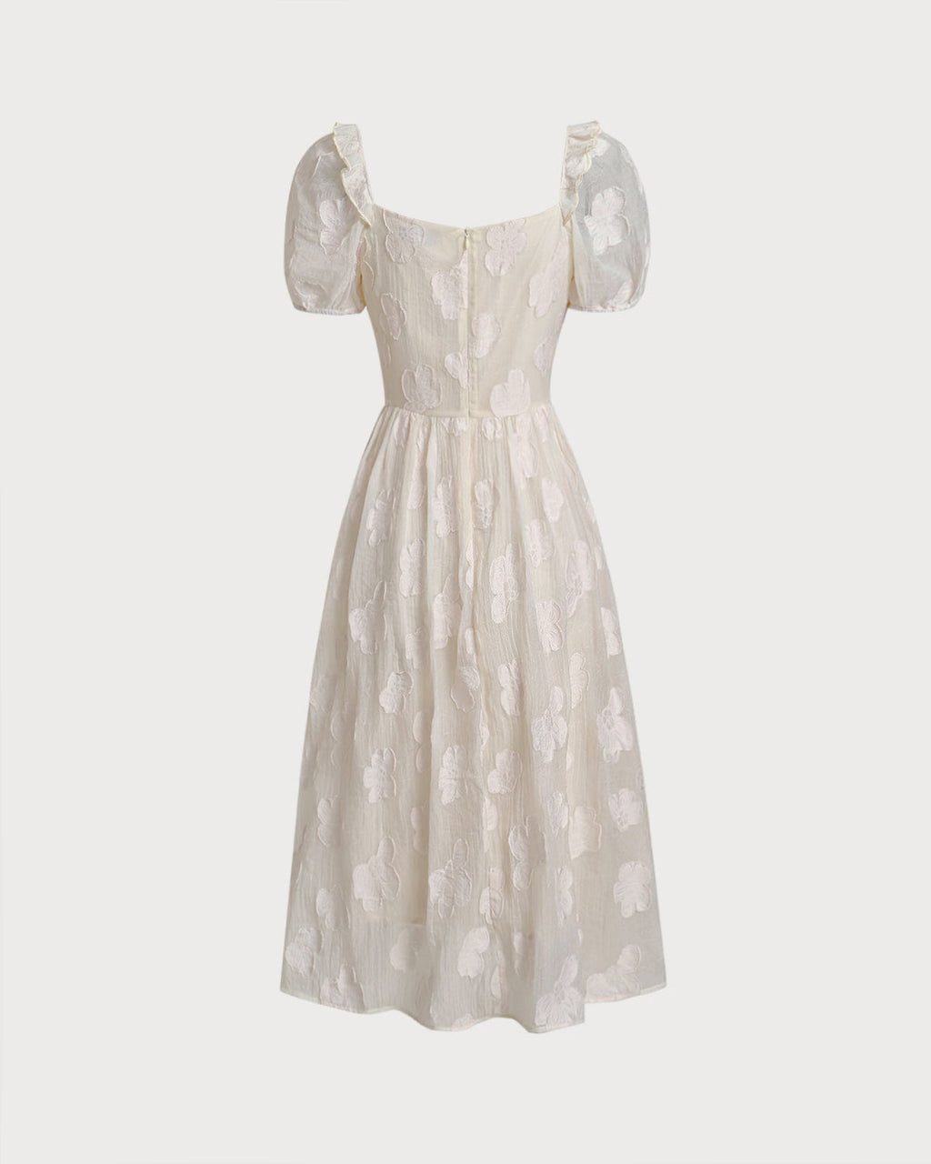 Beige Midi Dress with Square Neck and Puffed Sleeves