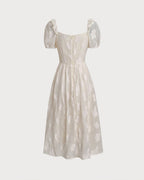 Beige Midi Dress with Square Neck and Puffed Sleeves