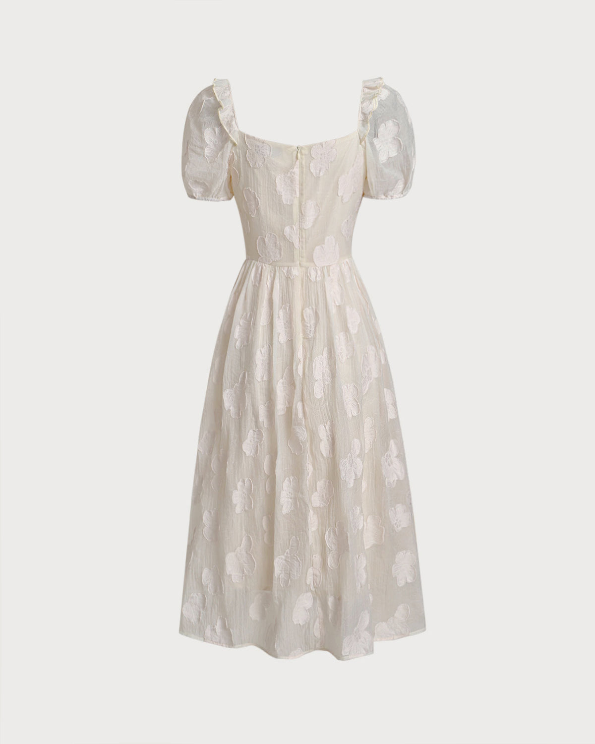 Beige Midi Dress with Square Neck and Puffed Sleeves