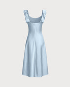 Blue Satin Midi Dress with Square Neck and Ruffle Details