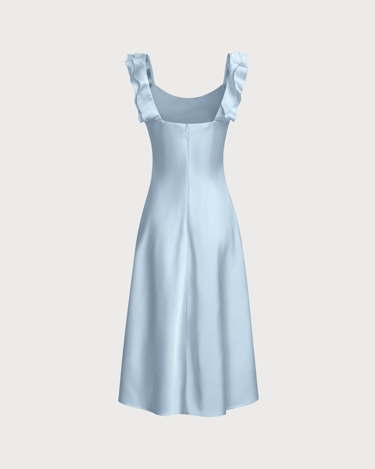 Blue Satin Midi Dress with Square Neck and Ruffle Details