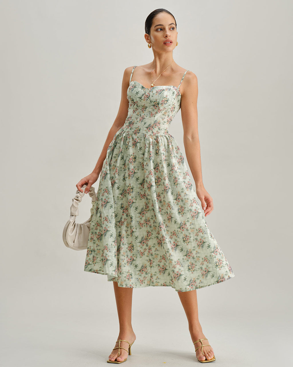 Pleated Midi Dress with Sweetheart Neckline in Green Floral Print