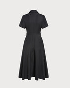 Black Midi Dress with A-Line Silhouette and Belt