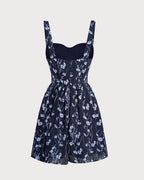 Navy Floral Mini Dress with Sweetheart Neckline