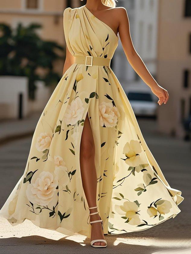 Julie | Hellgrünes Floral Chiffon Ein-Schulter Maxikleid
