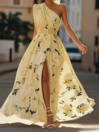 Julie | Hellgrünes Floral Chiffon Ein-Schulter Maxikleid
