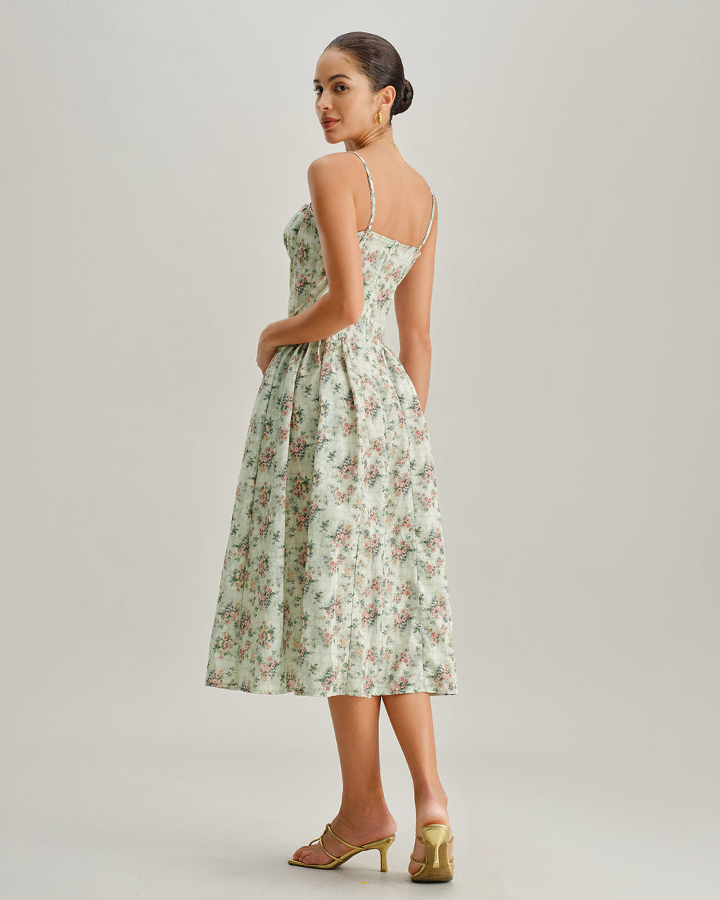 Pleated Midi Dress with Sweetheart Neckline in Green Floral Print