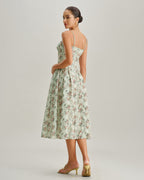 Pleated Midi Dress with Sweetheart Neckline in Green Floral Print