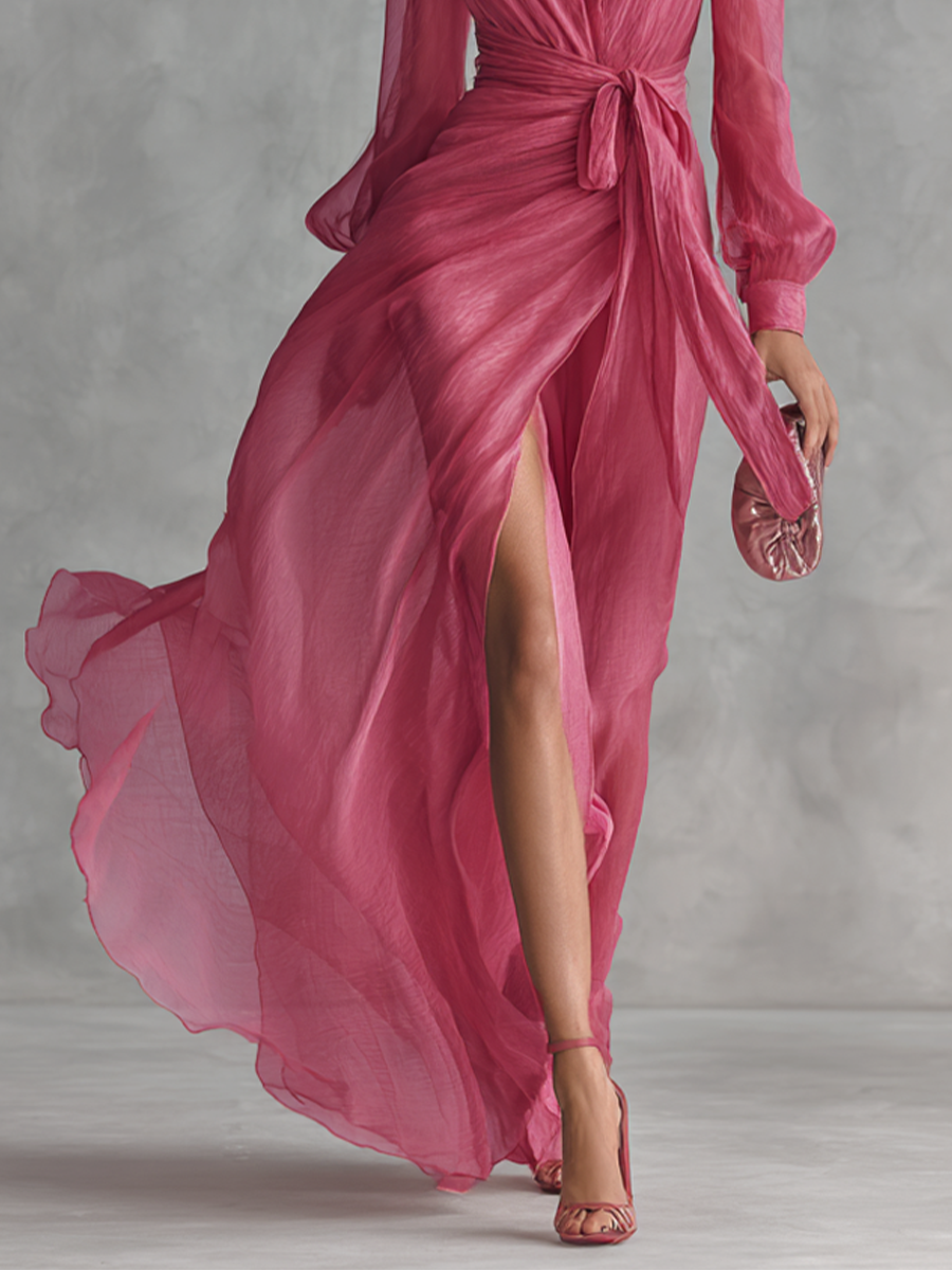 Mia | Rosa Chiffon Maxikleid V-Ausschnitt