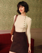 Beige Ribbed Knit Top with Mock Neck