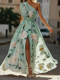 Julie | Hellgrünes Floral Chiffon Ein-Schulter Maxikleid