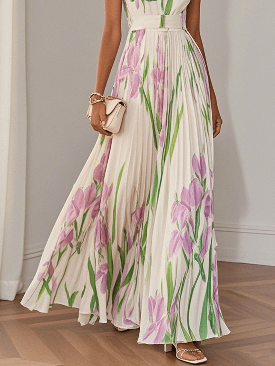 Marie | Weißes Faltenblumen Chiffon Maxi Kleid