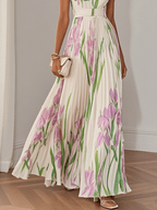 Marie | Weißes Faltenblumen Chiffon Maxi Kleid