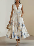 Chloe | Weißes Floral Chiffon V-Ausschnitt Plissee Midi-Kleid