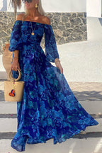 Francesca - Langes Kleid mit floralem Muster und schulterfreien Ärmeln