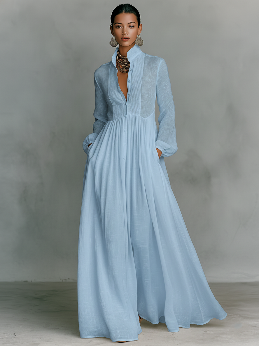 Zoey | Patchwork Baumwoll Leinen Maxikleid Stehkragen