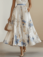 Chloe | Weißes Floral Chiffon V-Ausschnitt Plissee Midi-Kleid
