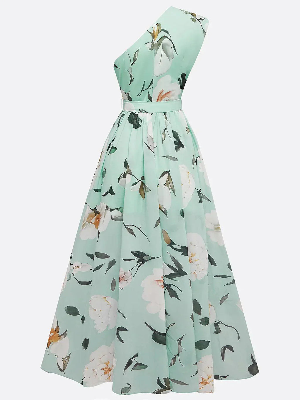 Julie | Hellgrünes Floral Chiffon Ein-Schulter Maxikleid