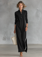 Laura | Sweat Maxikleid Knopfkragen Weißer Saum