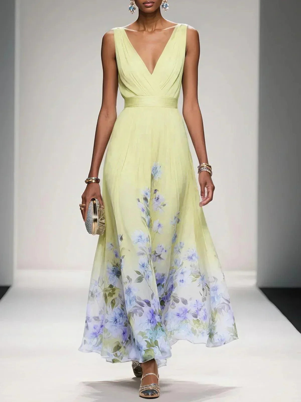Rose | Hellblaues Floral Chiffon V-Ausschnitt Maxikleid