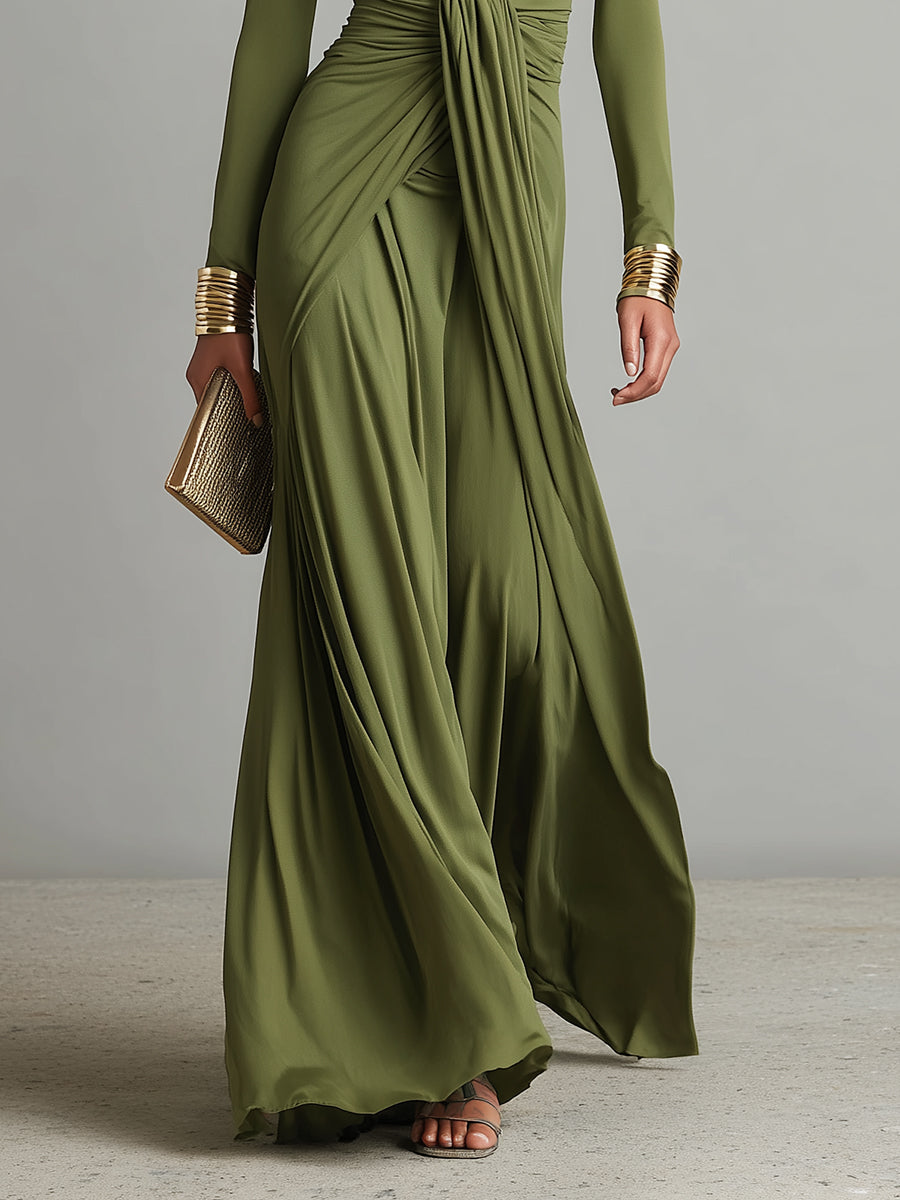 Oliv Seide Maxi Kleid V-Ausschnitt