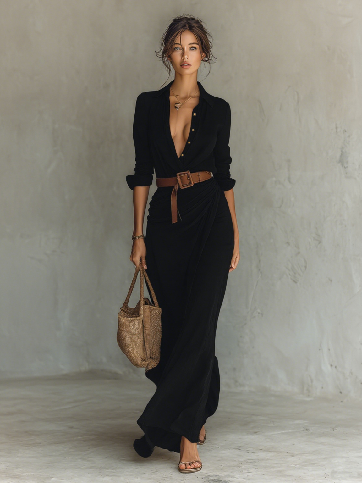 Maxikleid Reverskragen Langarm
