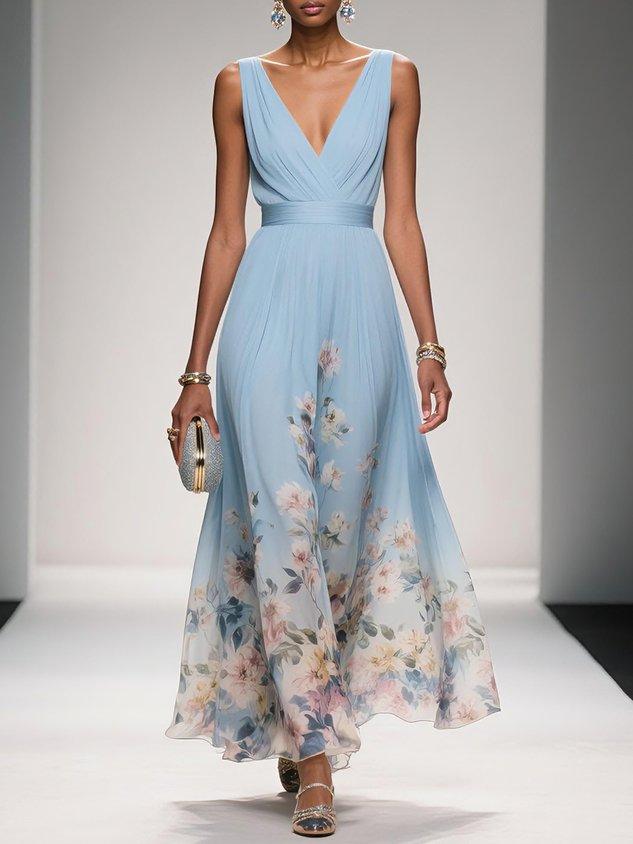 Rose | Hellblaues Floral Chiffon V-Ausschnitt Maxikleid