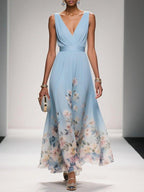 Rose | Hellblaues Floral Chiffon V-Ausschnitt Maxikleid