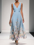 Rose | Hellblaues Floral Chiffon V-Ausschnitt Maxikleid