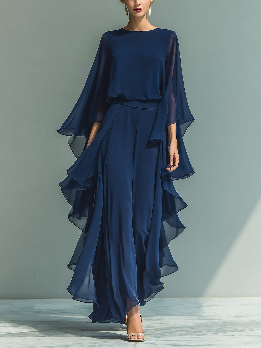 Clara | Marineblaues Chiffon Set Rüschen Hose