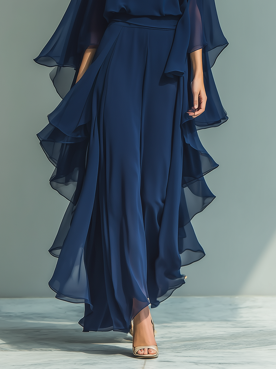 Clara | Marineblaues Chiffon Set Rüschen Hose