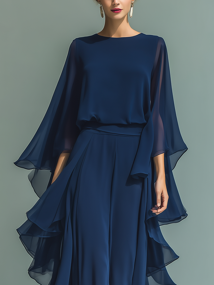 Clara | Marineblaues Chiffon Set Rüschen Hose