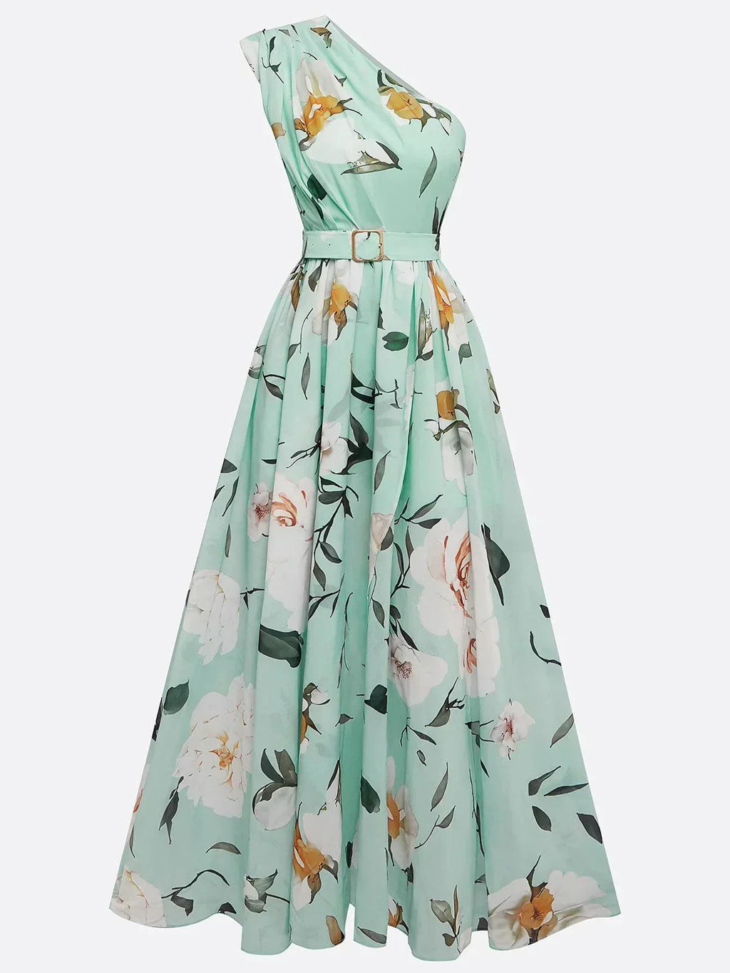 Julie | Hellgrünes Floral Chiffon Ein-Schulter Maxikleid