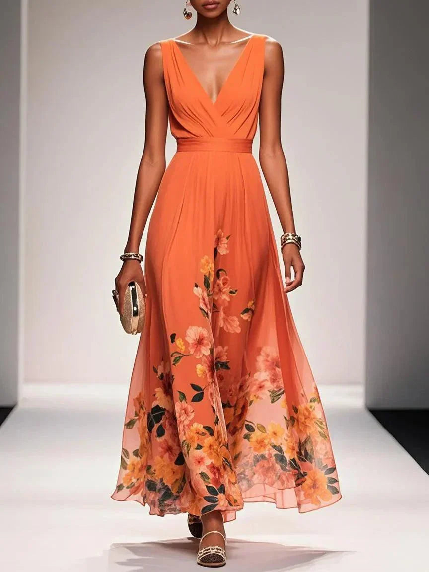 Rose | Hellblaues Floral Chiffon V-Ausschnitt Maxikleid