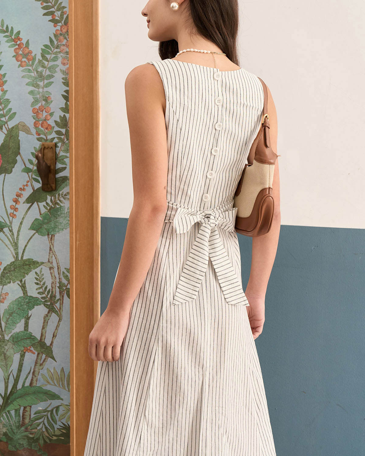 Striped Midi Dress with White Square Neck