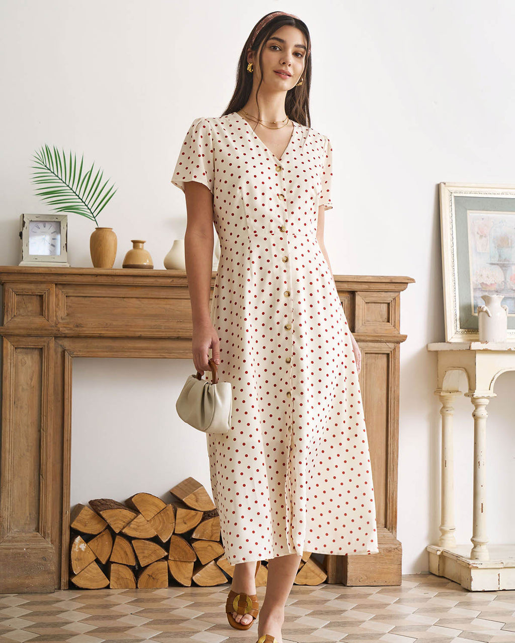 Beige Polka Dot Midi Dress with V-Neck and Button Details