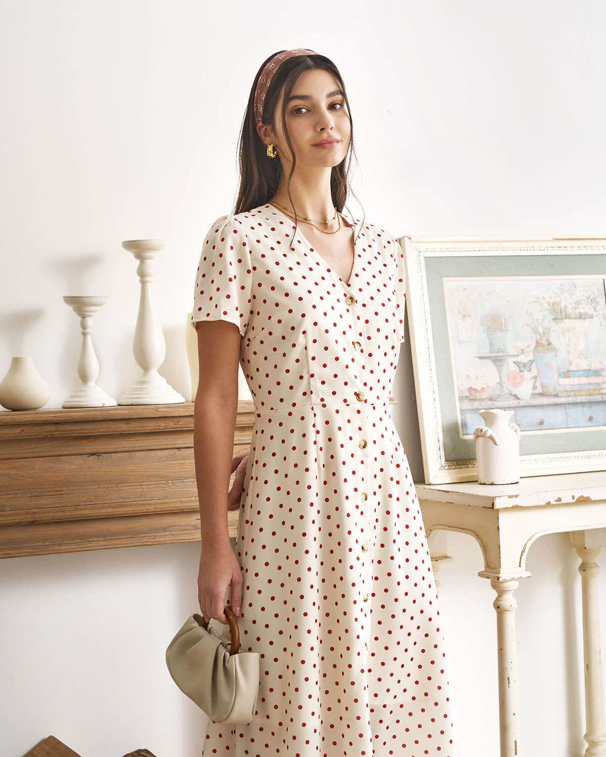 Beige Polka Dot Midi Dress with V-Neck and Button Details