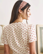 Beige Polka Dot Midi Dress with V-Neck and Button Details