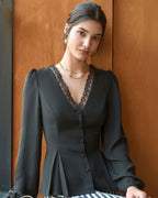 Black V-Neck Blouse with Lace Trim and Button Details