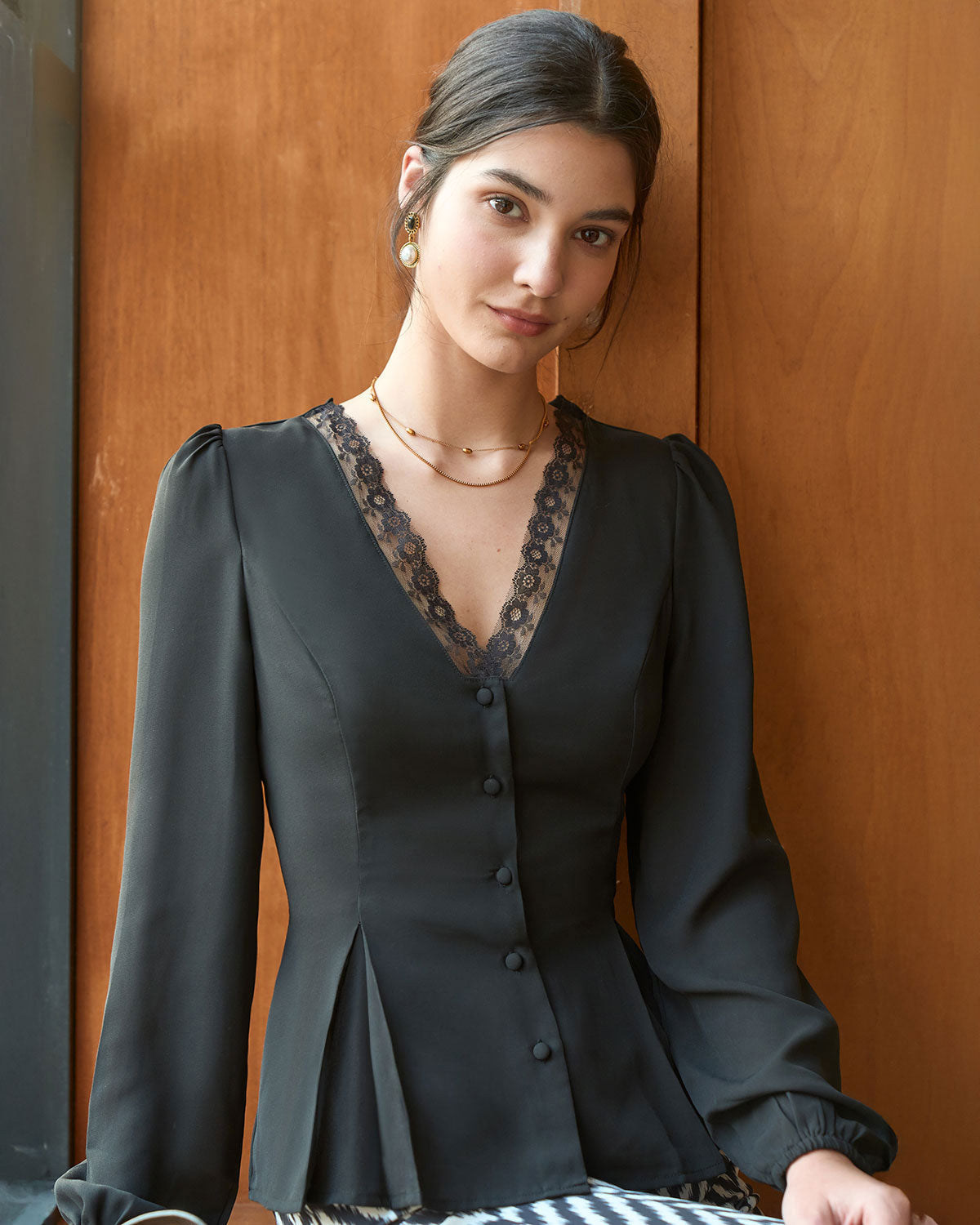 Black V-Neck Blouse with Lace Trim and Button Details