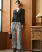 Black V-Neck Blouse with Lace Trim and Button Details