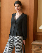 Black V-Neck Blouse with Lace Trim and Button Details