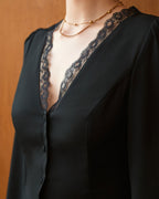 Black V-Neck Blouse with Lace Trim and Button Details