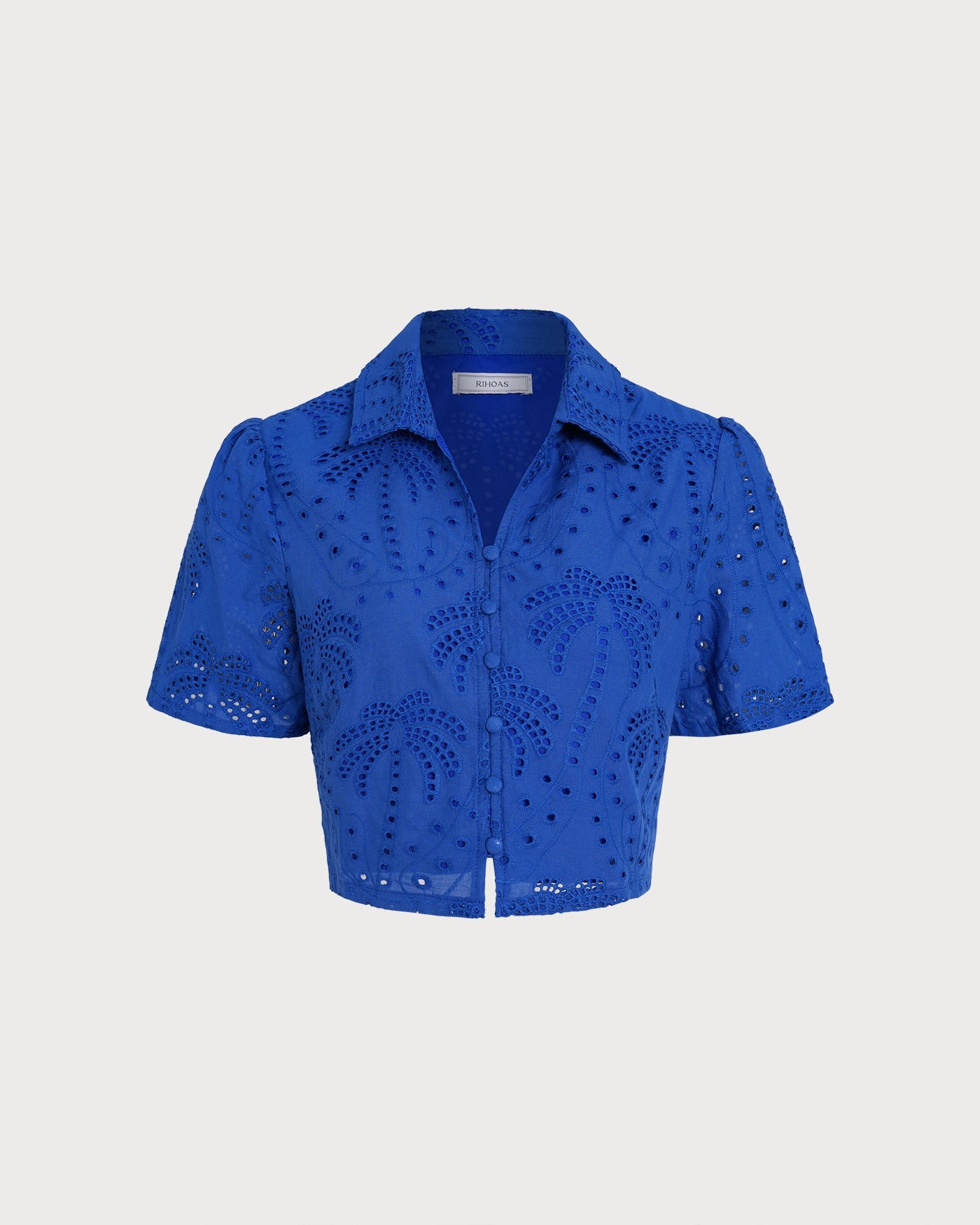 Textured Blue Blouse with Buttoned Collar